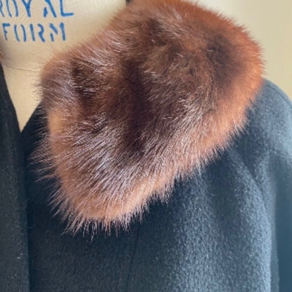 Cashmere vintage coat with fur collar & silk black - Picture 4 of 7